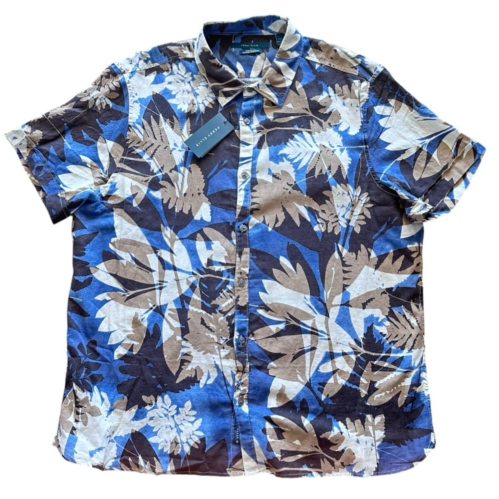 Perry Ellis Men’s Untucked Shirt Linen Blend Blue Floral Button Down 2XL…